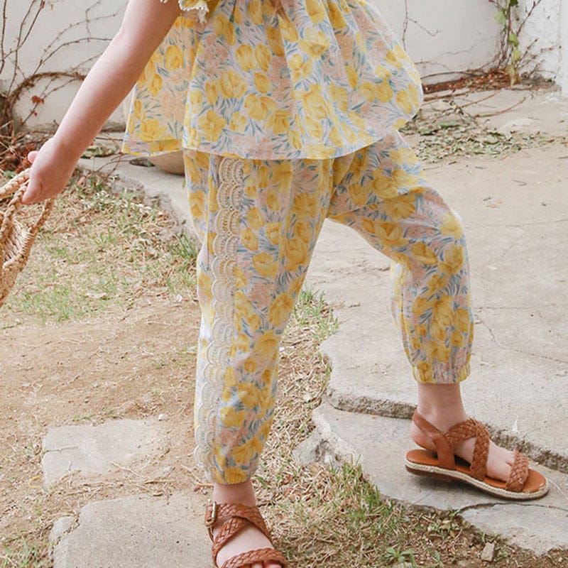 ロングパンツ・スウェットパンツ フラワープリントサイドレースクロップドパンツ【mh0010278】