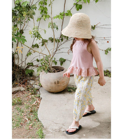 ロングパンツ・スウェットパンツ フラワープリントサイドレースクロップドパンツ【mh0010278】