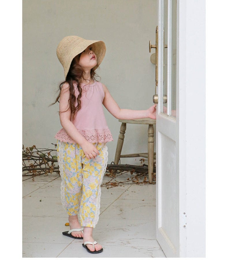 ロングパンツ・スウェットパンツ フラワープリントサイドレースクロップドパンツ【mh0010278】