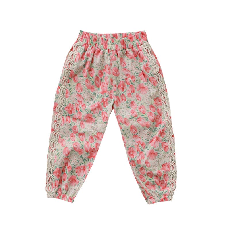 ロングパンツ・スウェットパンツ フラワープリントサイドレースクロップドパンツ【mh0010278】