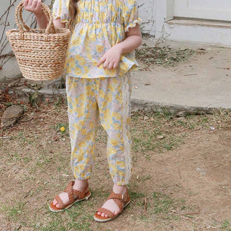 ロングパンツ・スウェットパンツ フラワープリントサイドレースクロップドパンツ【mh0010278】