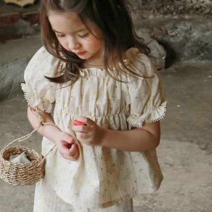 半袖シャツ・ブラウス フラワープリント半袖パフスリーブスモックブラウス【mh0010281】