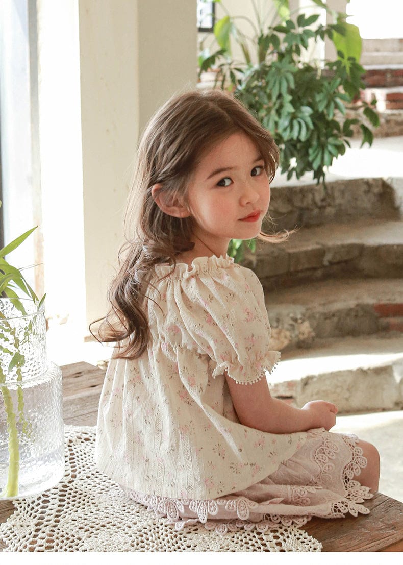 半袖シャツ・ブラウス フラワープリント半袖パフスリーブスモックブラウス【mh0010281】