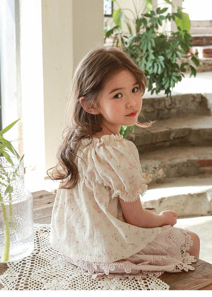 半袖シャツ・ブラウス フラワープリント半袖パフスリーブスモックブラウス【mh0010281】