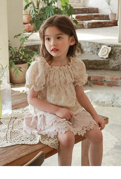 半袖シャツ・ブラウス フラワープリント半袖パフスリーブスモックブラウス【mh0010281】