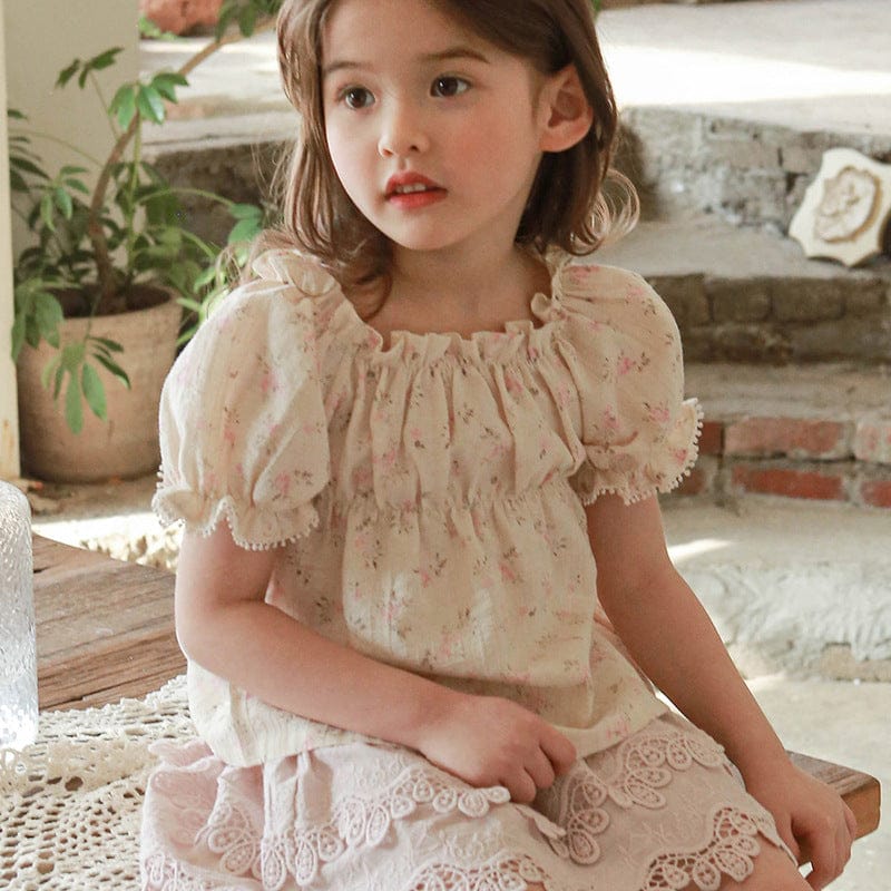 半袖シャツ・ブラウス フラワープリント半袖パフスリーブスモックブラウス【mh0010281】