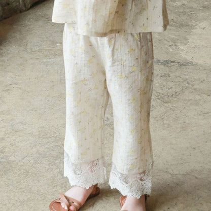 ロングパンツ・スウェットパンツ フラワープリント裾レースクロップドパンツ【mh0010283】