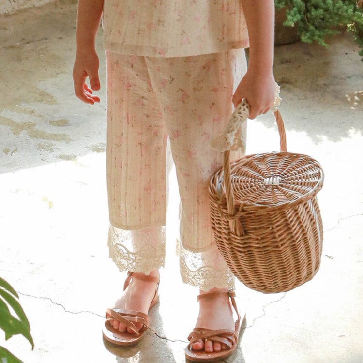 ロングパンツ・スウェットパンツ フラワープリント裾レースクロップドパンツ【mh0010283】