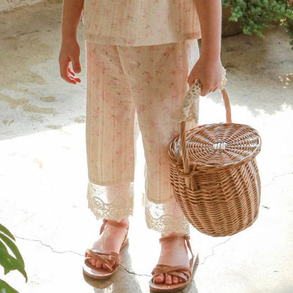 ロングパンツ・スウェットパンツ フラワープリント裾レースクロップドパンツ【mh0010283】