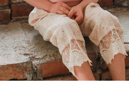 ロングパンツ・スウェットパンツ フラワープリント裾レースクロップドパンツ【mh0010283】