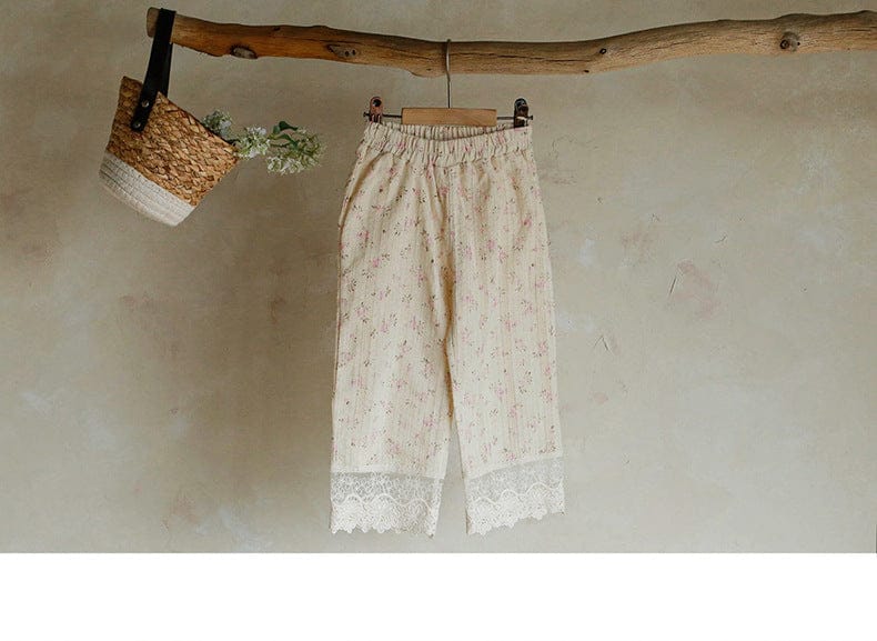 ロングパンツ・スウェットパンツ フラワープリント裾レースクロップドパンツ【mh0010283】