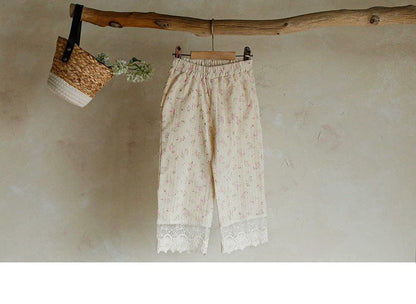 ロングパンツ・スウェットパンツ フラワープリント裾レースクロップドパンツ【mh0010283】