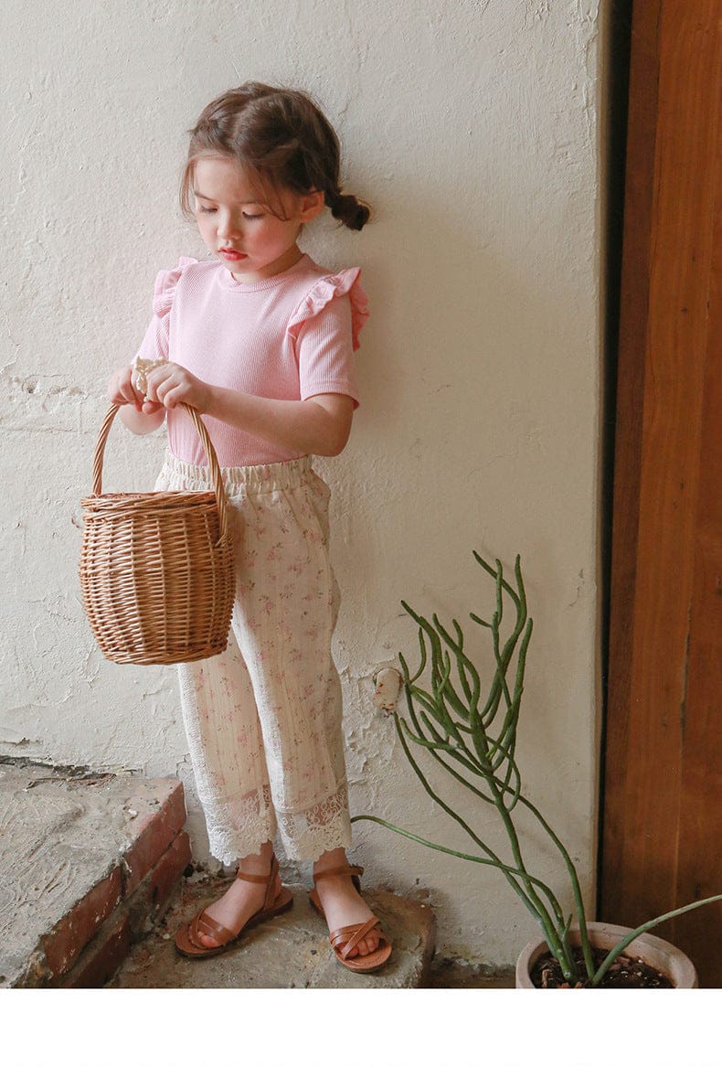 ロングパンツ・スウェットパンツ フラワープリント裾レースクロップドパンツ【mh0010283】