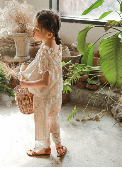 ロングパンツ・スウェットパンツ フラワープリント裾レースクロップドパンツ【mh0010283】