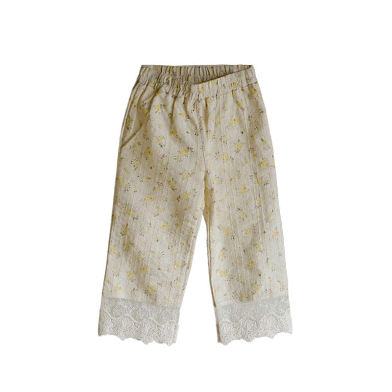 ロングパンツ・スウェットパンツ フラワープリント裾レースクロップドパンツ【mh0010283】