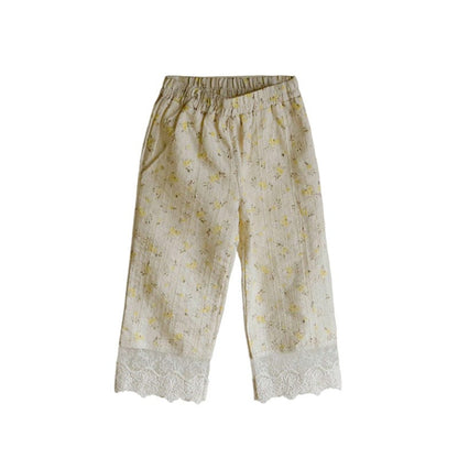ロングパンツ・スウェットパンツ フラワープリント裾レースクロップドパンツ【mh0010283】