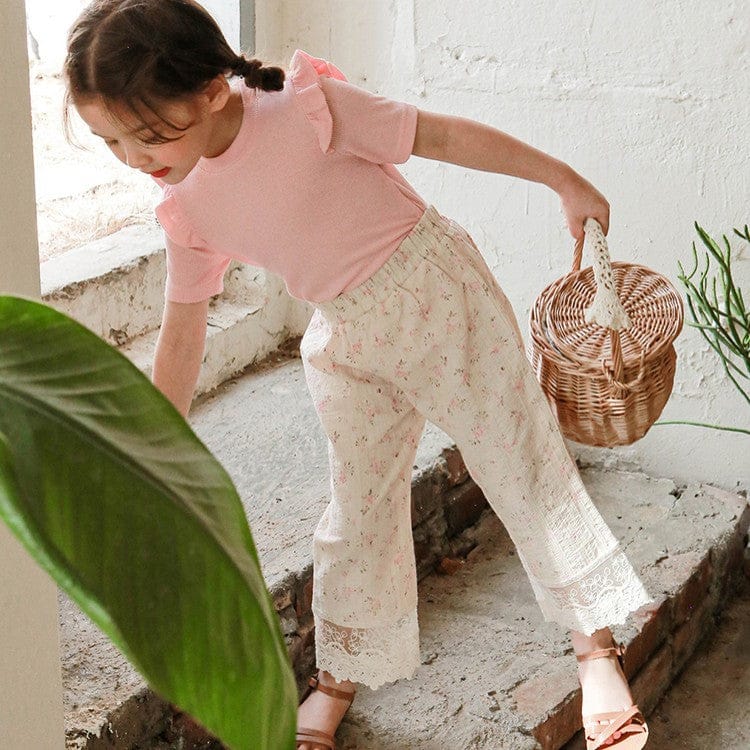 ロングパンツ・スウェットパンツ フラワープリント裾レースクロップドパンツ【mh0010283】