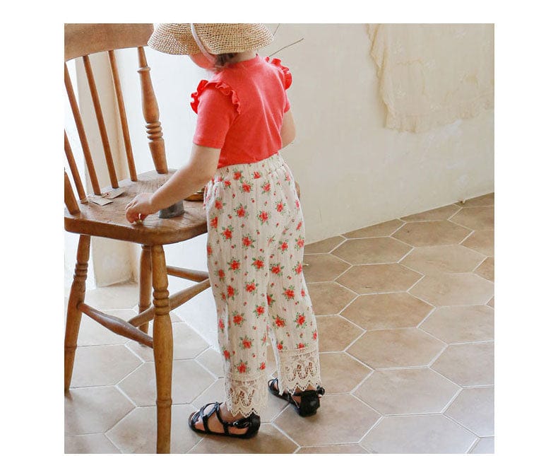 ロングパンツ・スウェットパンツ フラワープリント裾レースクロップドパンツ【mh0010290】
