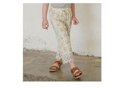 ロングパンツ・スウェットパンツ フラワープリント裾レースクロップドパンツ【mh0010290】