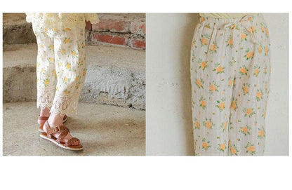 ロングパンツ・スウェットパンツ フラワープリント裾レースクロップドパンツ【mh0010290】