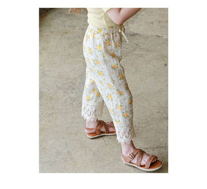 ロングパンツ・スウェットパンツ フラワープリント裾レースクロップドパンツ【mh0010290】