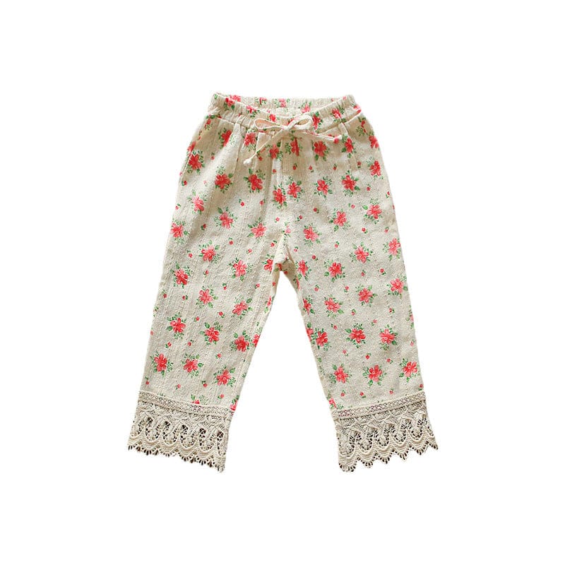 ロングパンツ・スウェットパンツ フラワープリント裾レースクロップドパンツ【mh0010290】