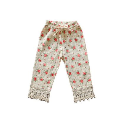 ロングパンツ・スウェットパンツ フラワープリント裾レースクロップドパンツ【mh0010290】