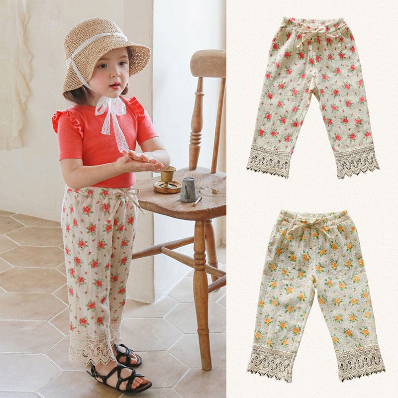 ロングパンツ・スウェットパンツ フラワープリント裾レースクロップドパンツ【mh0010290】