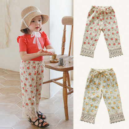 ロングパンツ・スウェットパンツ フラワープリント裾レースクロップドパンツ【mh0010290】