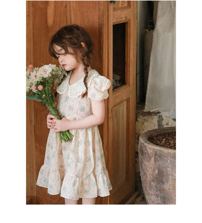 半袖ワンピース レース襟半袖パフスリーブフリルワンピース【mh0010291】