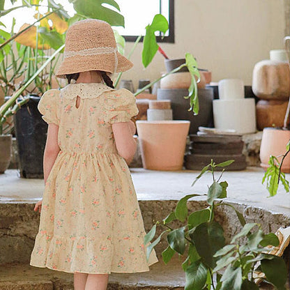 半袖ワンピース レース襟半袖パフスリーブフリルワンピース【mh0010291】