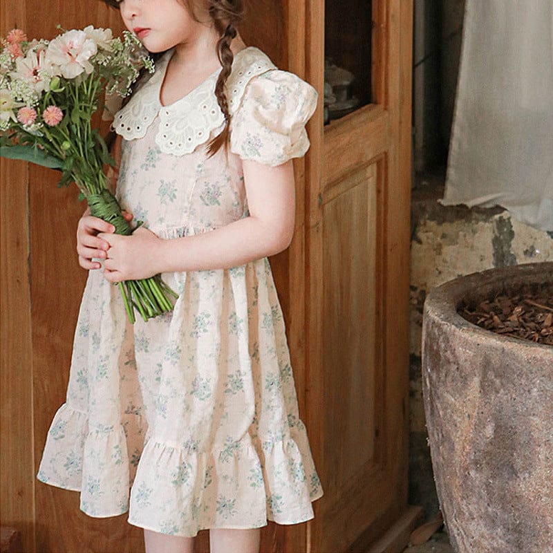 半袖ワンピース レース襟半袖パフスリーブフリルワンピース【mh0010291】