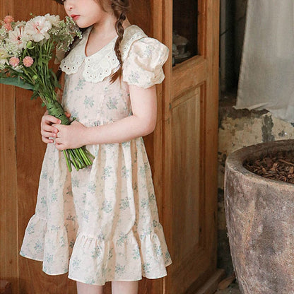 半袖ワンピース レース襟半袖パフスリーブフリルワンピース【mh0010291】