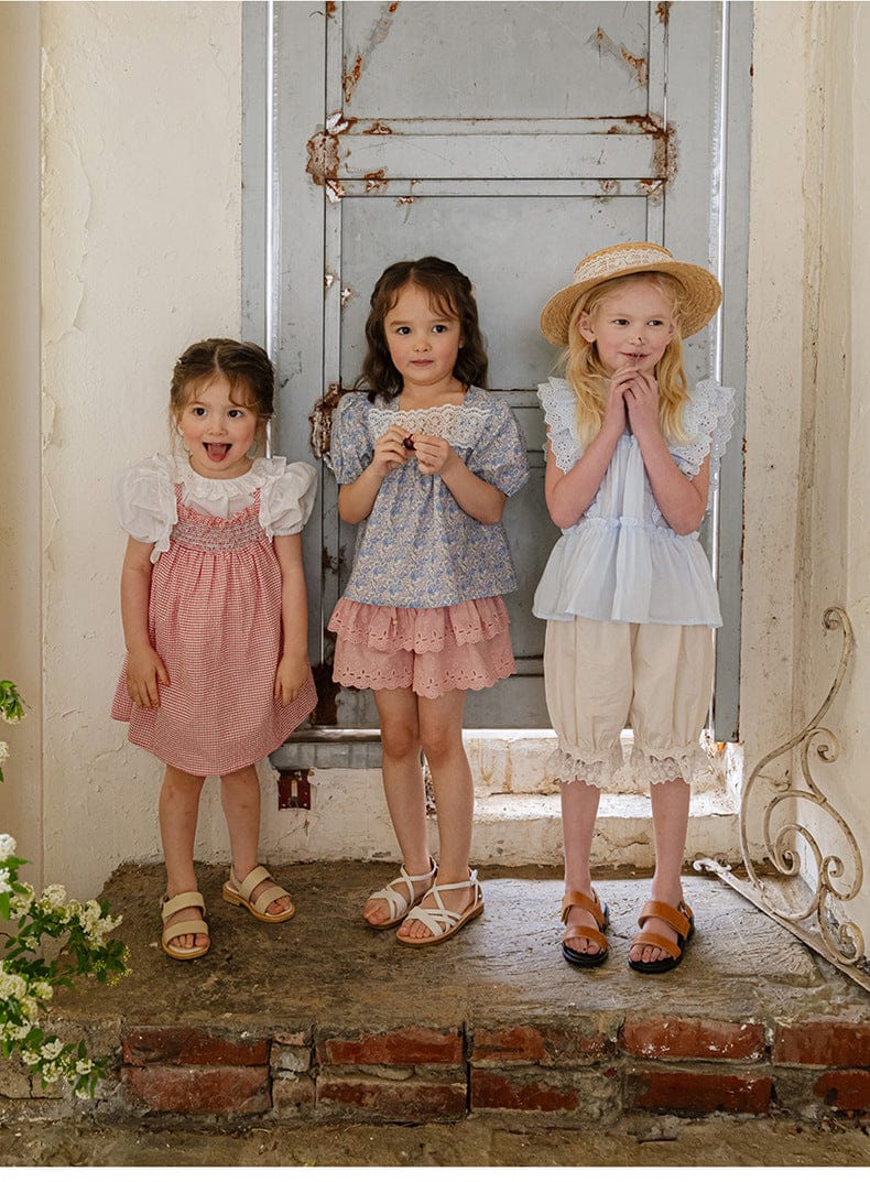 半袖シャツ・ブラウス レーススクエアネックフラワープリント半袖パフスリーブブラウス【mh0010293】