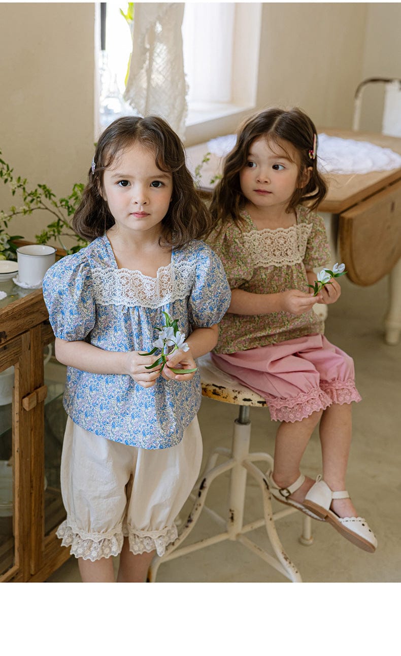 半袖シャツ・ブラウス レーススクエアネックフラワープリント半袖パフスリーブブラウス【mh0010293】