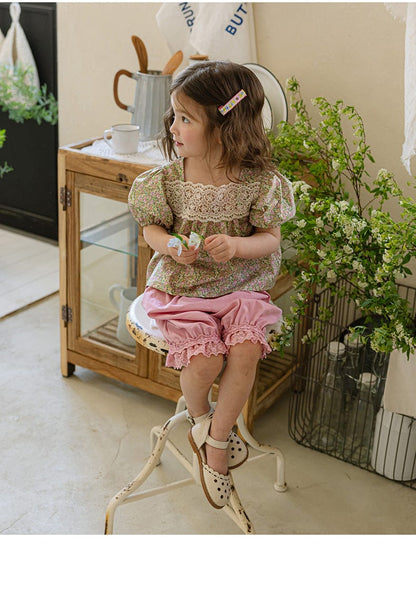 半袖シャツ・ブラウス レーススクエアネックフラワープリント半袖パフスリーブブラウス【mh0010293】