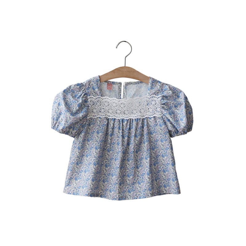 半袖シャツ・ブラウス レーススクエアネックフラワープリント半袖パフスリーブブラウス【mh0010293】