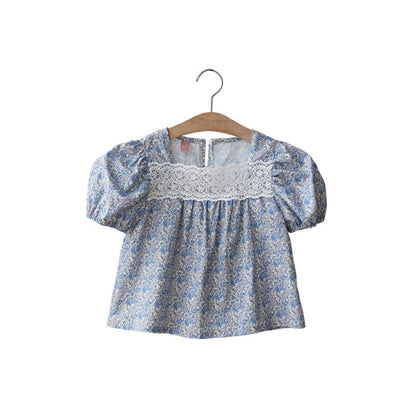 半袖シャツ・ブラウス レーススクエアネックフラワープリント半袖パフスリーブブラウス【mh0010293】