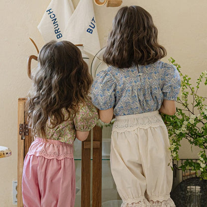 半袖シャツ・ブラウス レーススクエアネックフラワープリント半袖パフスリーブブラウス【mh0010293】