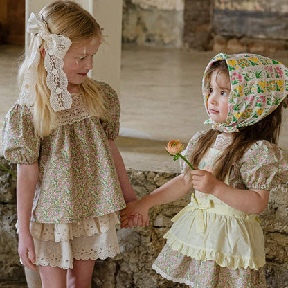 半袖シャツ・ブラウス レーススクエアネックフラワープリント半袖パフスリーブブラウス【mh0010293】