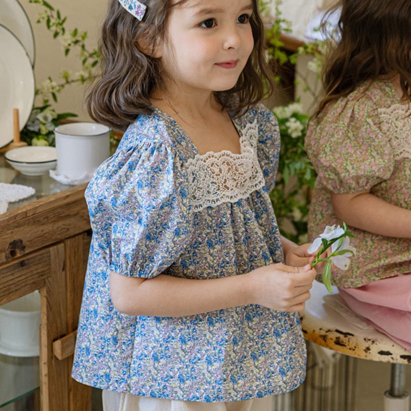 半袖シャツ・ブラウス レーススクエアネックフラワープリント半袖パフスリーブブラウス【mh0010293】