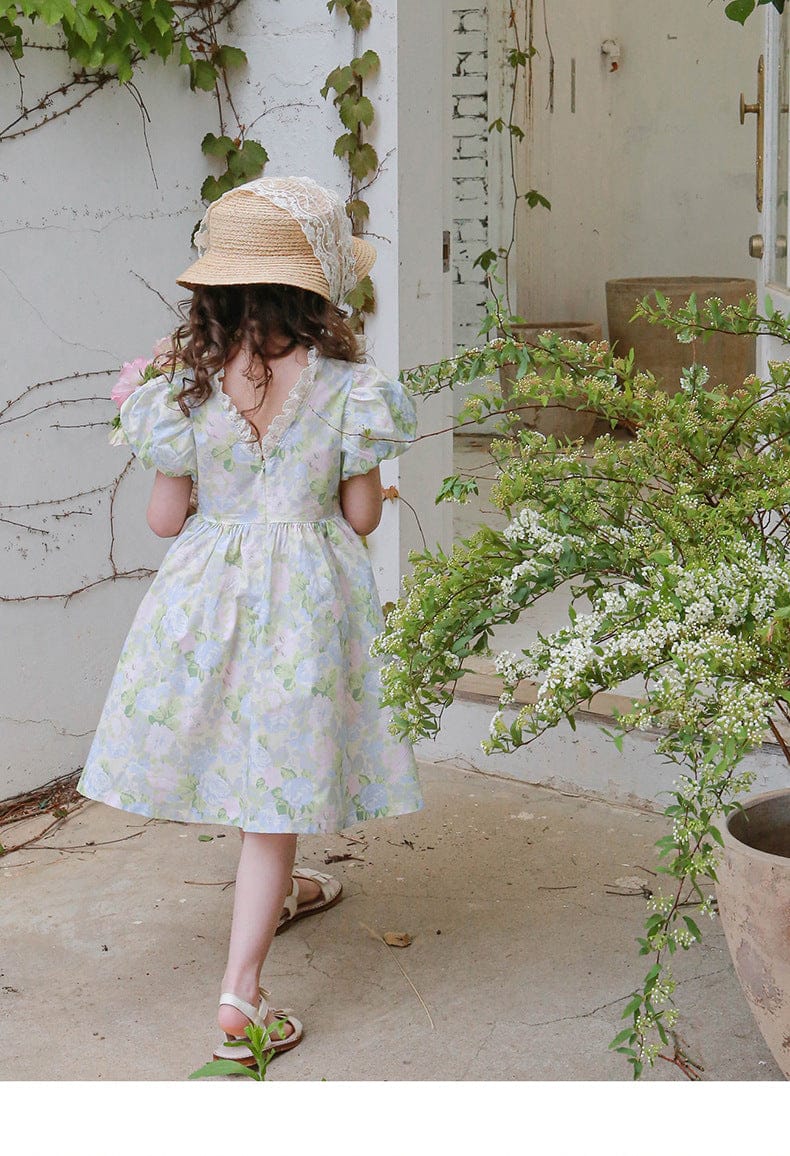 半袖ワンピース フラワープリント半袖パフスリーブガーリーワンピース【mh0010296】