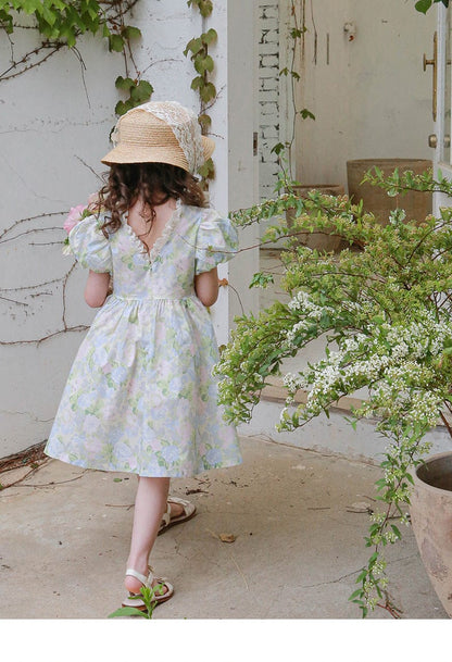 半袖ワンピース フラワープリント半袖パフスリーブガーリーワンピース【mh0010296】