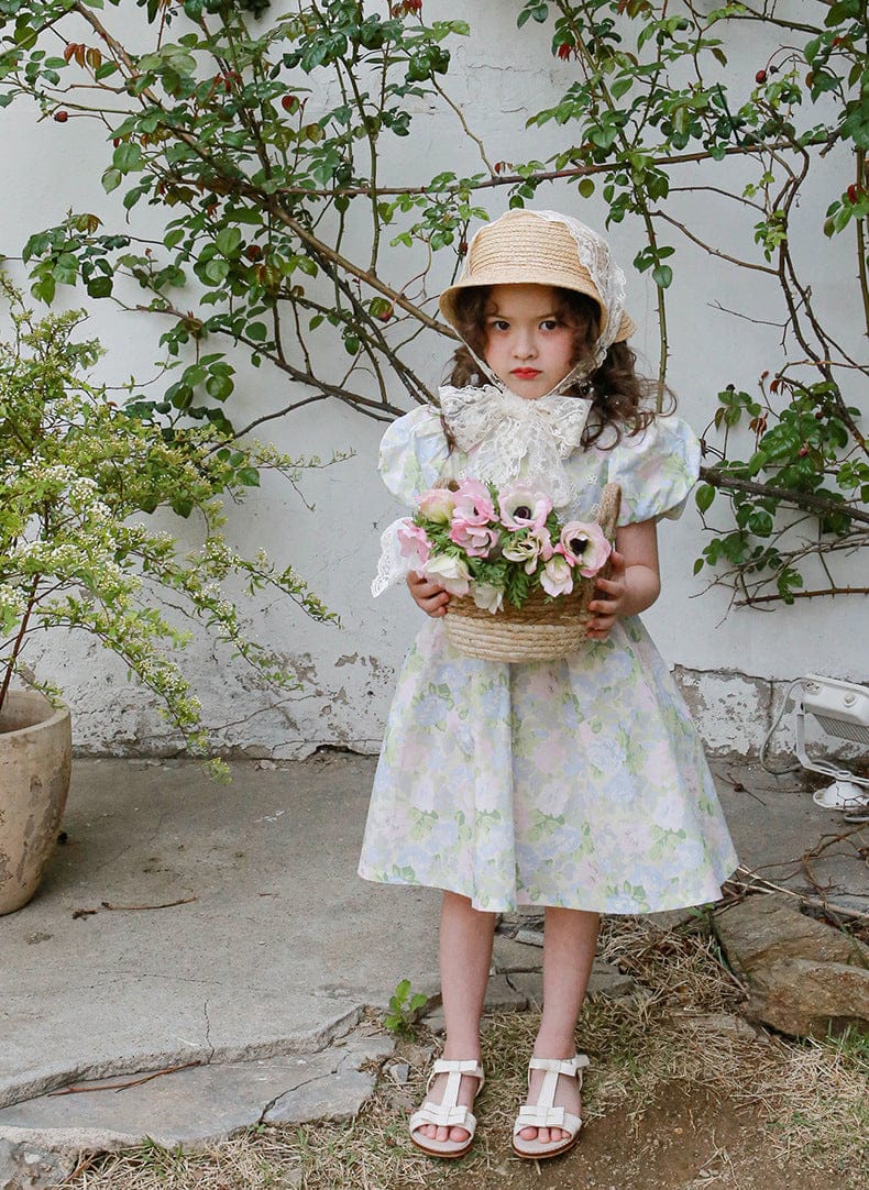 半袖ワンピース フラワープリント半袖パフスリーブガーリーワンピース【mh0010296】