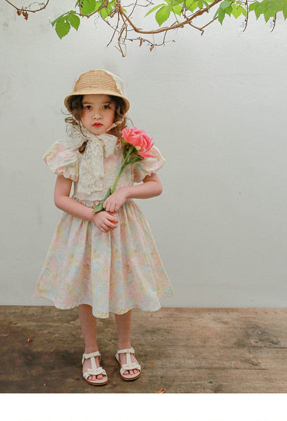 半袖ワンピース フラワープリント半袖パフスリーブガーリーワンピース【mh0010296】