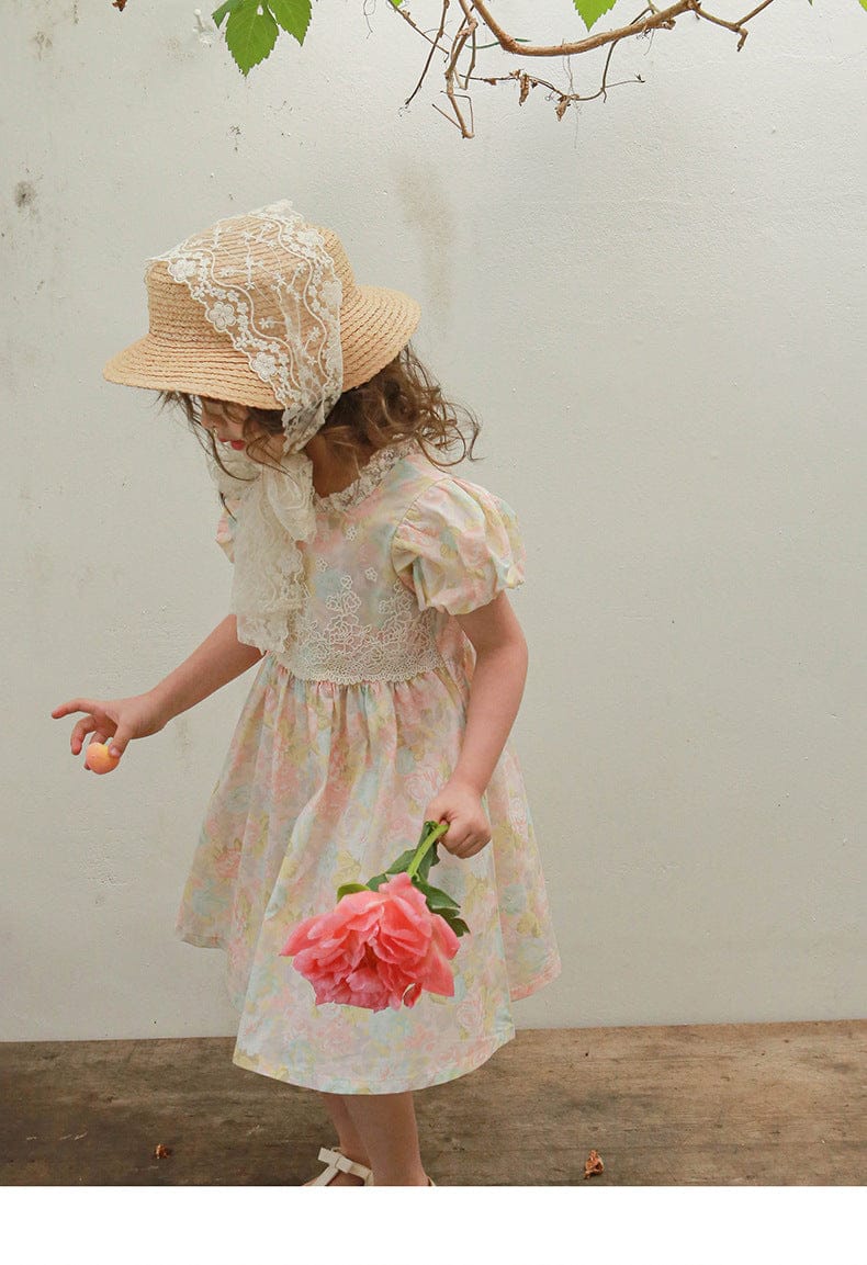 半袖ワンピース フラワープリント半袖パフスリーブガーリーワンピース【mh0010296】