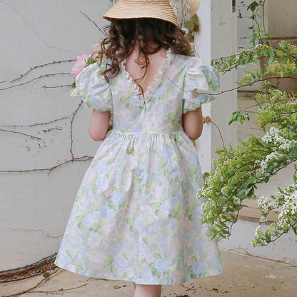 半袖ワンピース フラワープリント半袖パフスリーブガーリーワンピース【mh0010296】