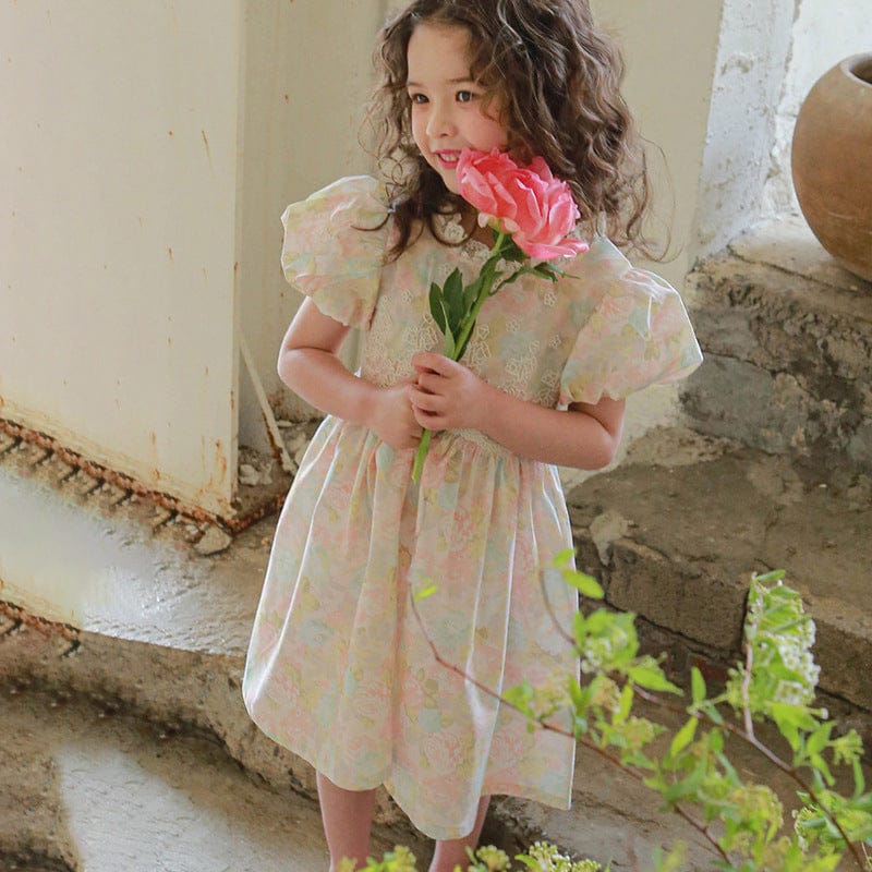 半袖ワンピース フラワープリント半袖パフスリーブガーリーワンピース【mh0010296】