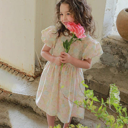 半袖ワンピース フラワープリント半袖パフスリーブガーリーワンピース【mh0010296】