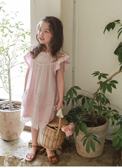 ノースリーブワンピース 刺繍レース重ね着シアーワンピース【mh0010300】